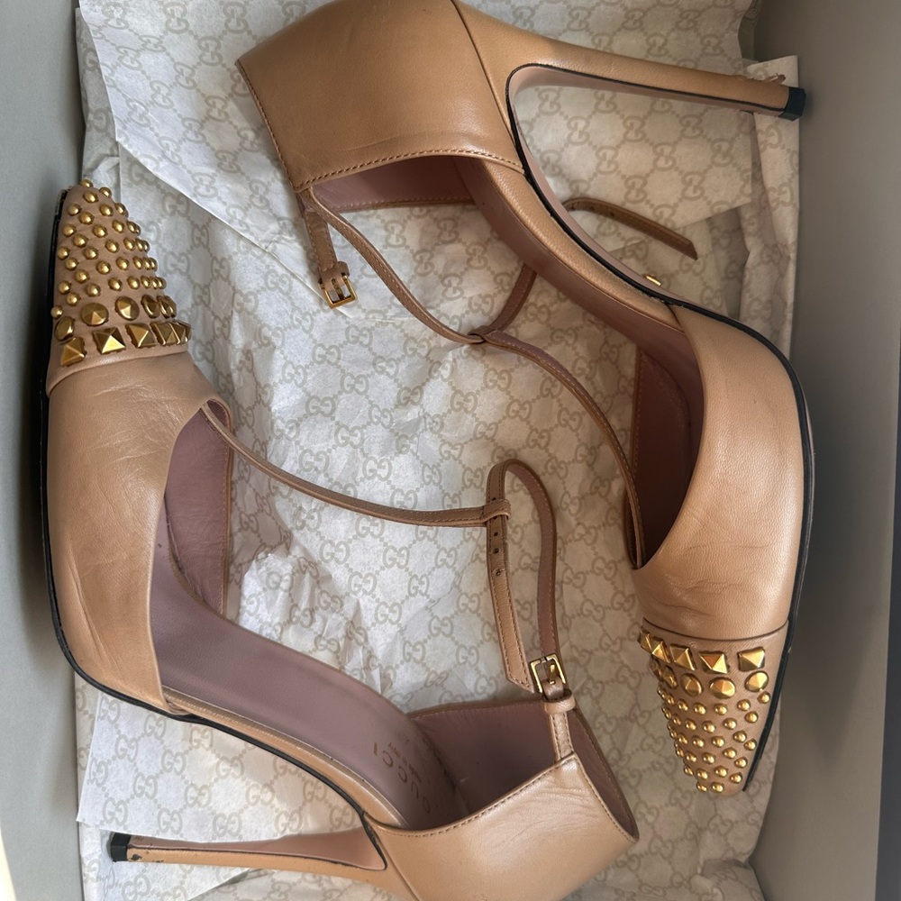 Gucci Gold Studded Tan Heels